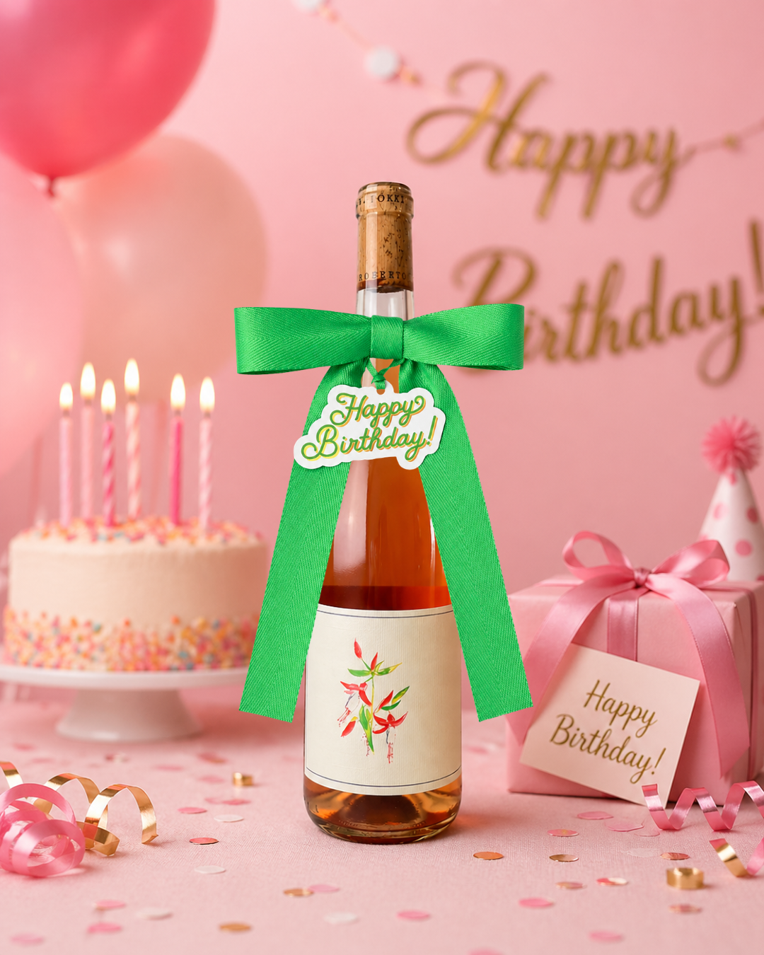 Bottle Bow with Signature Tag - Happy Birthday - Cream