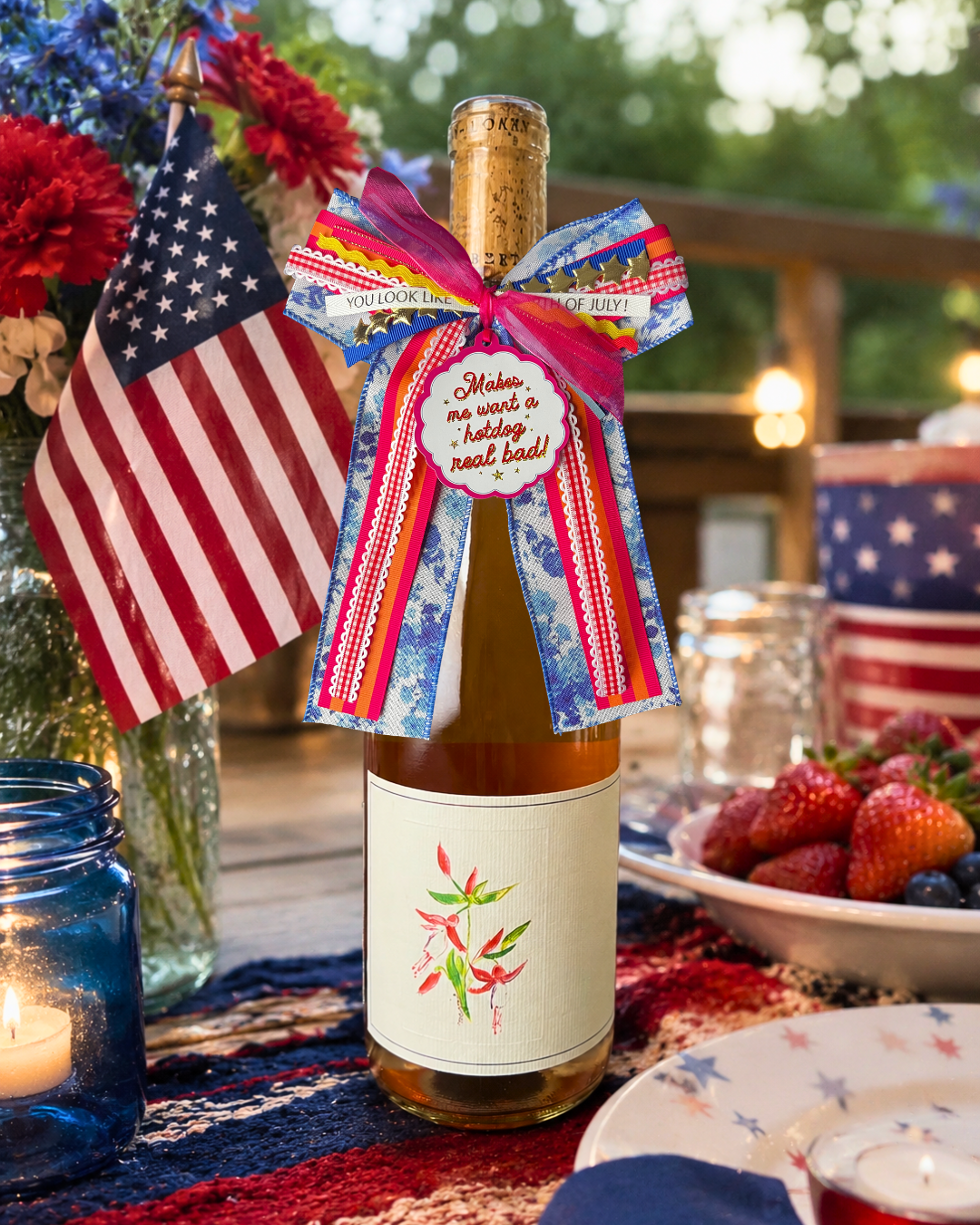 Extra Bougie Bottle Bow with Signature Tag - Makes Me Want a Hotdog Real Bad - Americana Garden Party