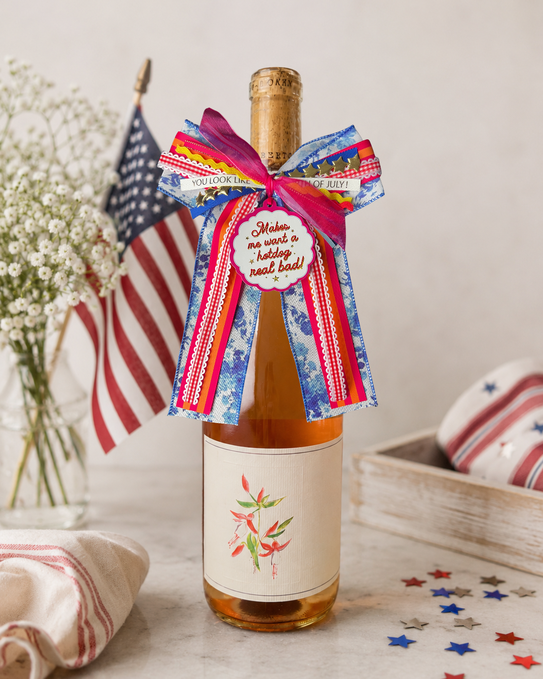 Extra Bougie Bottle Bow with Signature Tag - Makes Me Want a Hotdog Real Bad - Americana Garden Party