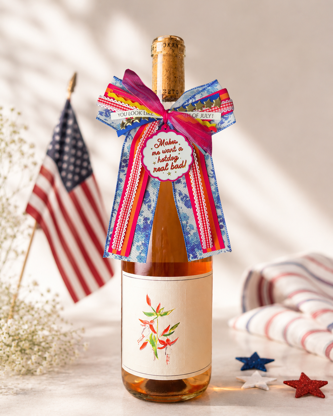 Extra Bougie Bottle Bow with Signature Tag - Makes Me Want a Hotdog Real Bad - Americana Garden Party
