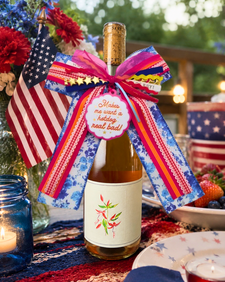 Extra Bougie Bottle Bow with Signature Tag - Makes Me Want a Hotdog Real Bad - Americana Garden Party