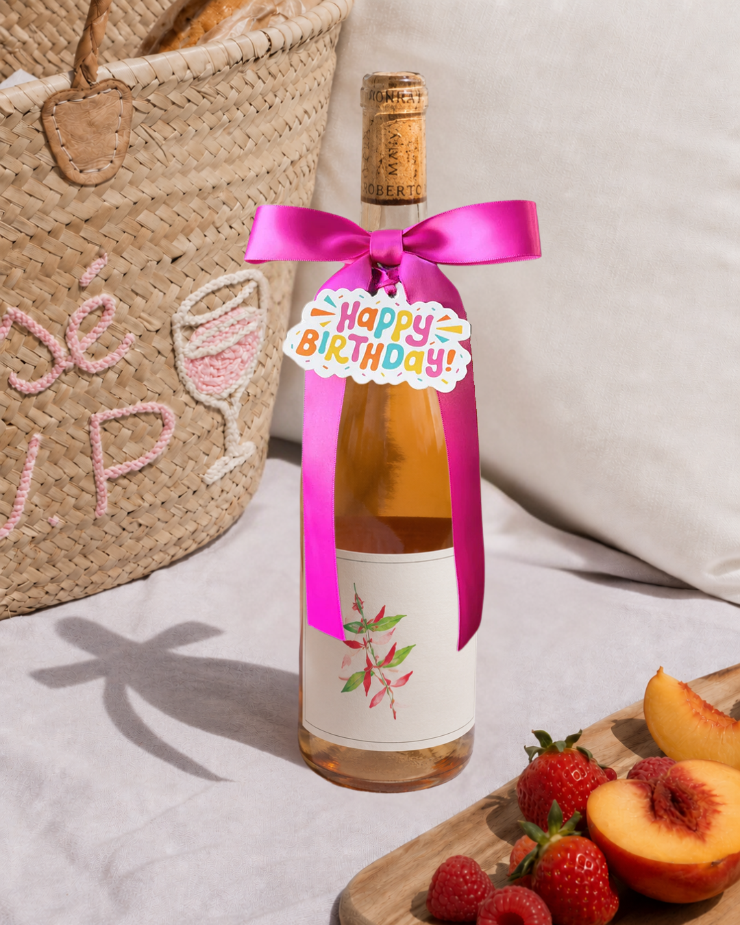 Bottle Bow with Signature Tag - Happy Birthday - Fuschia