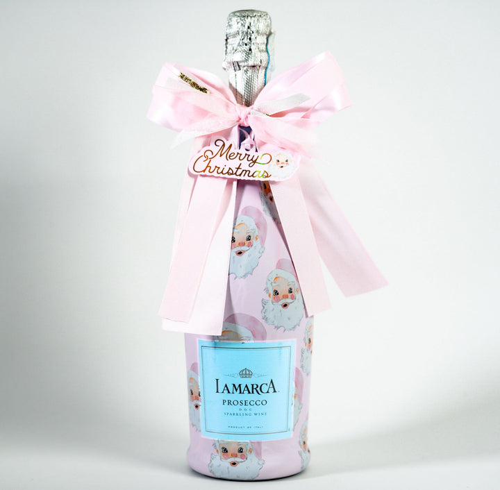 Beau Bottles X Wrapido!'s Limited Edition Watercolor Pink Santa Bottle Wrap and Bougie Bottle Bow™  Matching Set- Prosecco Collection