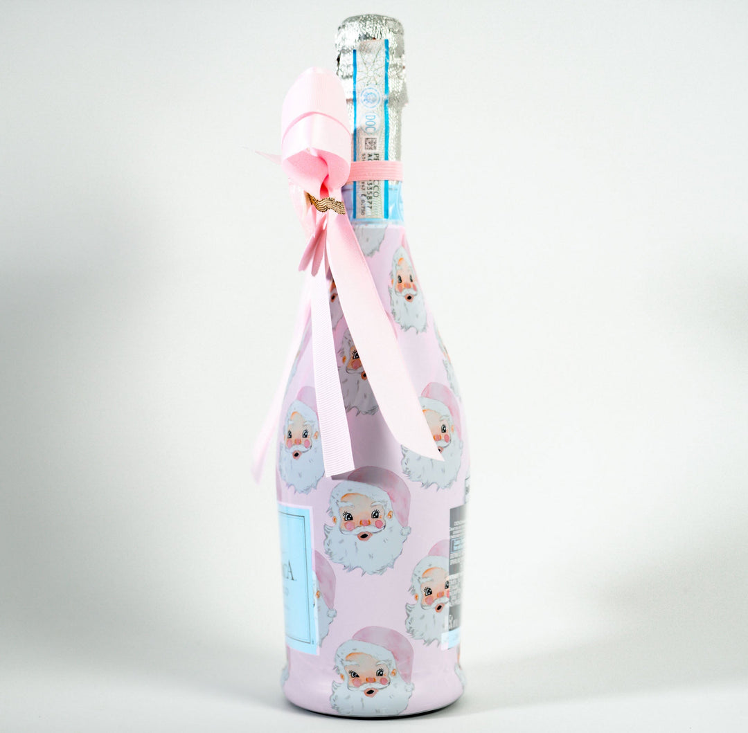 Beau Bottles X Wrapido!'s Limited Edition Watercolor Pink Santa Bottle Wrap and Bougie Bottle Bow™  Matching Set- Prosecco Collection