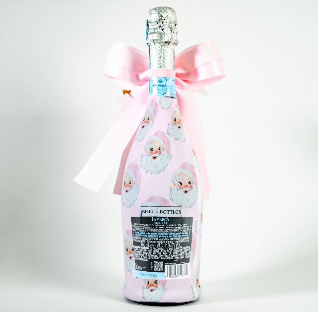 Beau Bottles X Wrapido!'s Limited Edition Watercolor Pink Santa Bottle Wrap and Bougie Bottle Bow™  Matching Set- Prosecco Collection