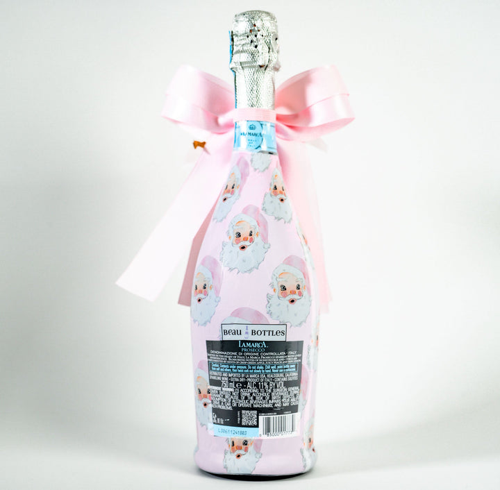 Beau Bottles X Wrapido!'s Limited Edition Watercolor Pink Santa Bottle Wrap and Bougie Bottle Bow™  Matching Set- Prosecco Collection