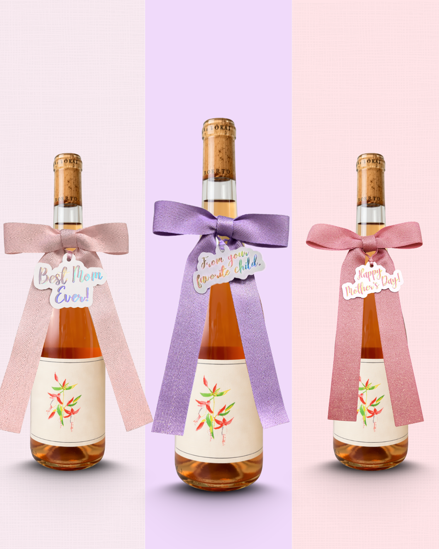 Set of three Bottle Bow bundle with signature tags for easy and thoughtful gifting. Pink, Lavender and Rose Gold with writable gift tags.