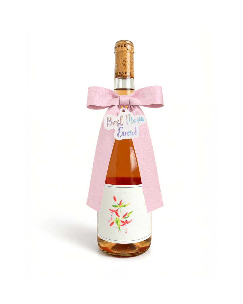 Pearl pink bottle bow with silver ‘Best Mom Ever’ tag for mom.