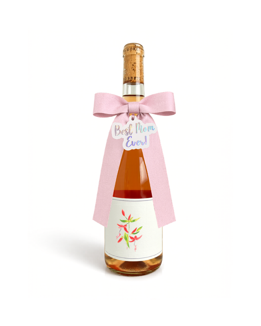Pearl pink bottle bow with silver ‘Best Mom Ever’ tag for mom.