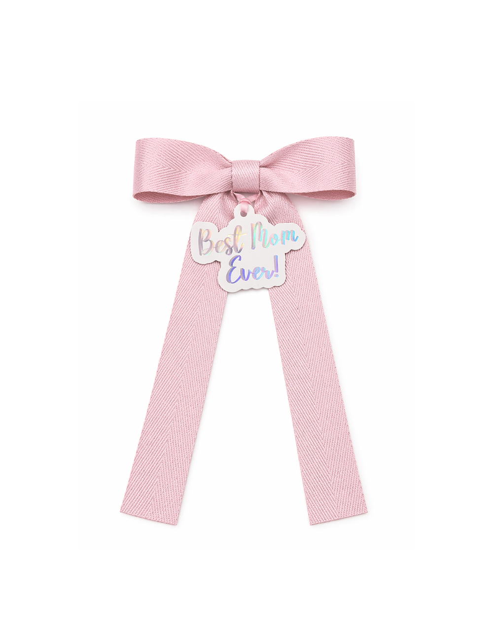 Close-up of "Best Mom Ever!" writable gift tag attached to decorative bottle bow. 