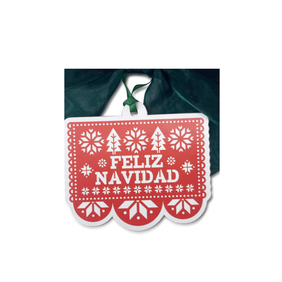 Bottle Bow + Gift Tag- Feliz Navidad Papel Picado