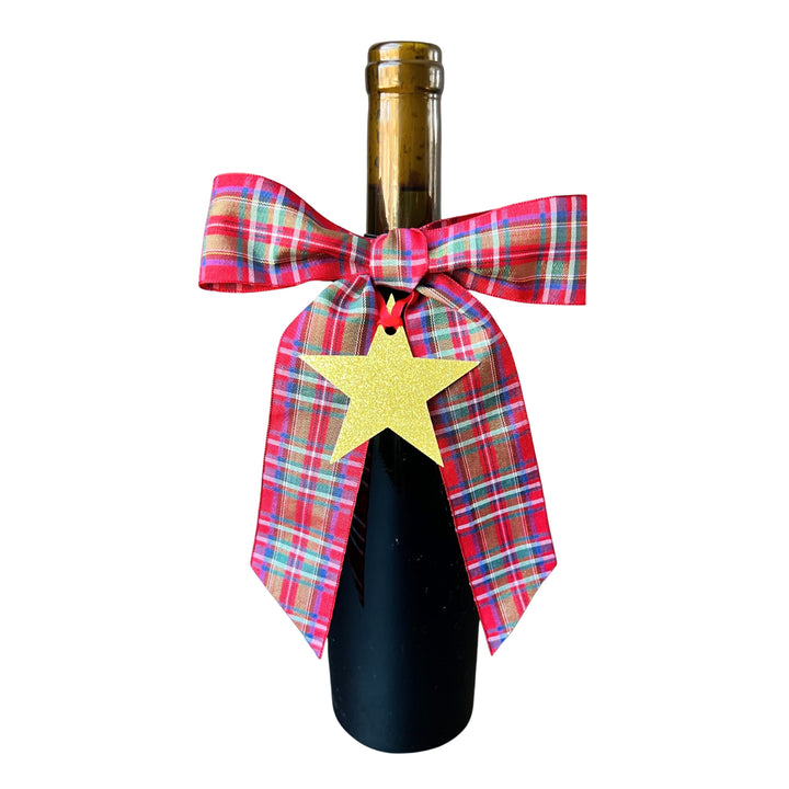 Bottle Bow + Tag - Christmas plaid with Gold glitter star