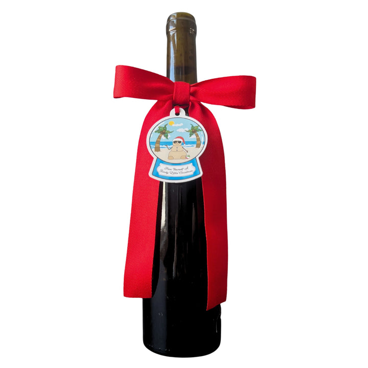Bottle Bow + Gift Tag™ - Red Snow Globe Sandy Merry Christmas