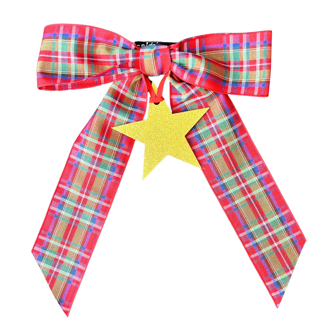 Bottle Bow + Tag - Christmas plaid with Gold glitter star