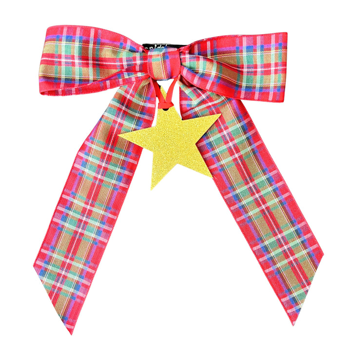 Bottle Bow + Tag - Christmas plaid with Gold glitter star