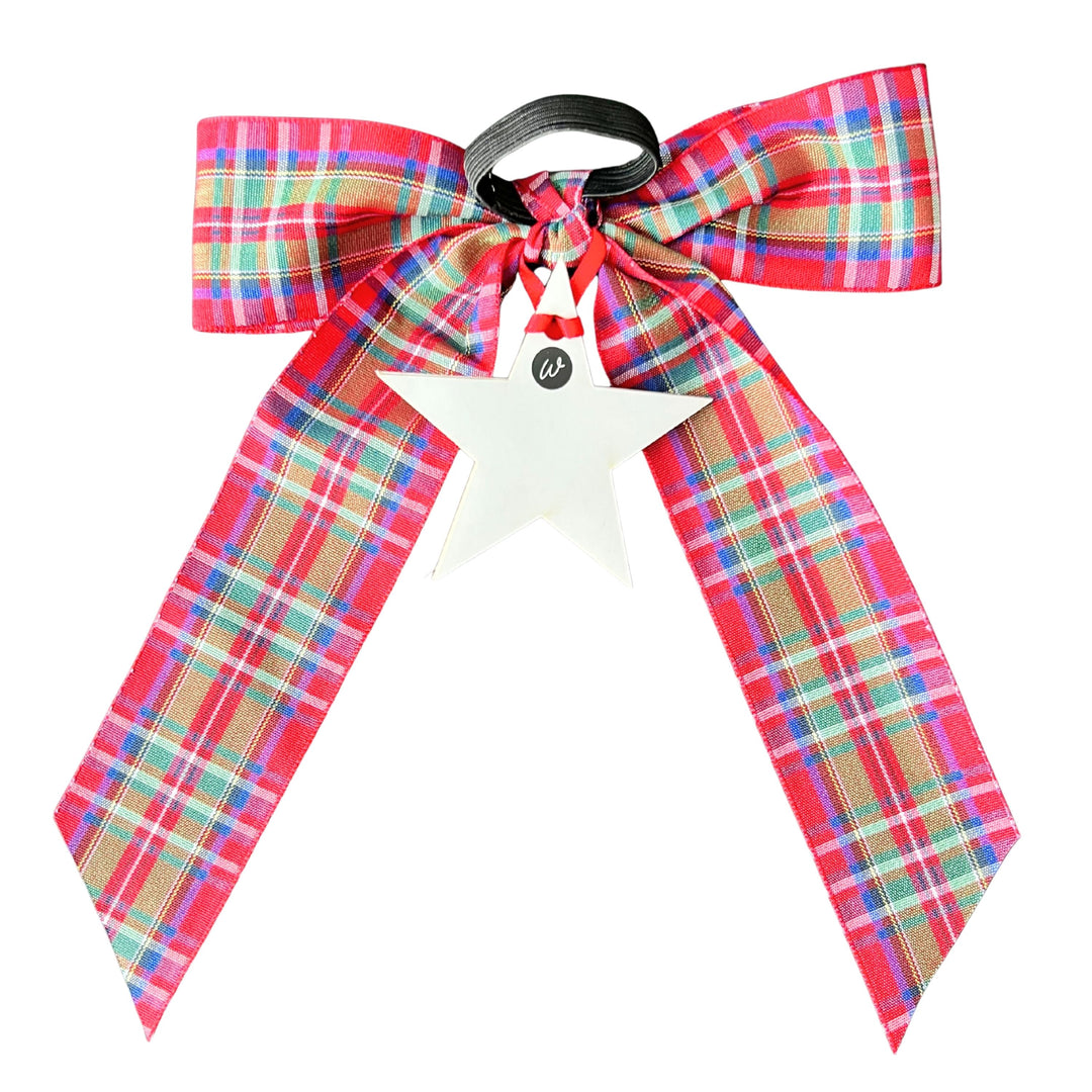 Bottle Bow + Tag - Christmas plaid with Gold glitter star