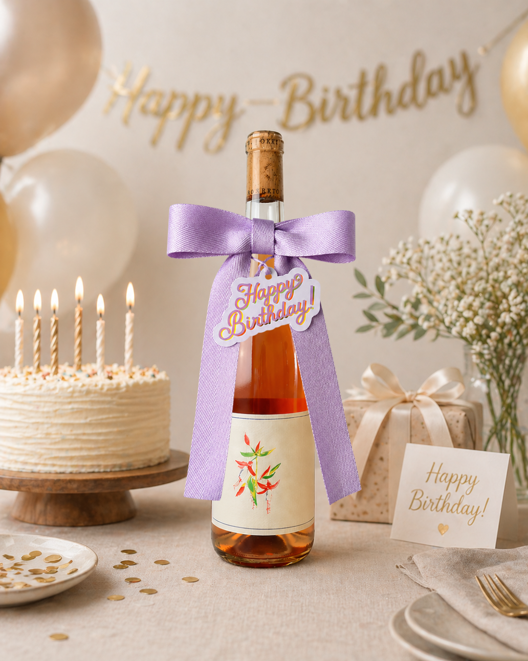 Bottle Bow with Signature Tag - Happy Birthday - Cream